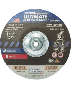 United Abrasives/SAIT 9"x1/4"x5/8"-11" Saitech Ultimate Performance™ Ceramic Aluminum Oxide Type 28 Grinding Wheel